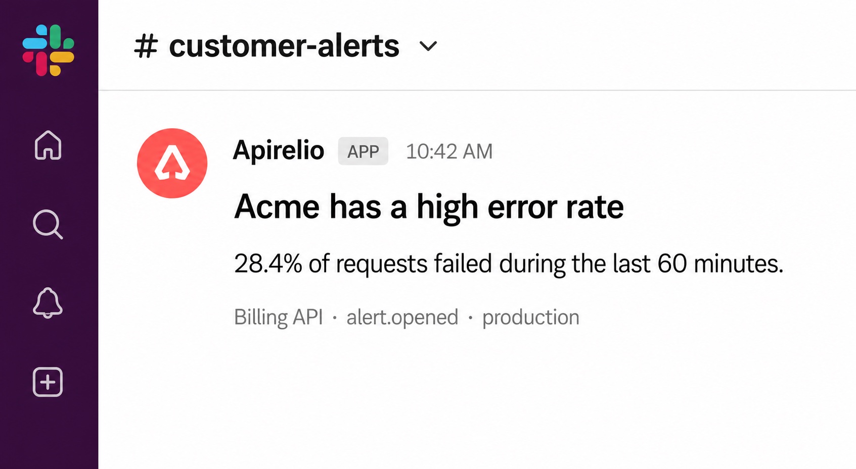 Example Apirelio high error rate alert delivered to a Slack channel