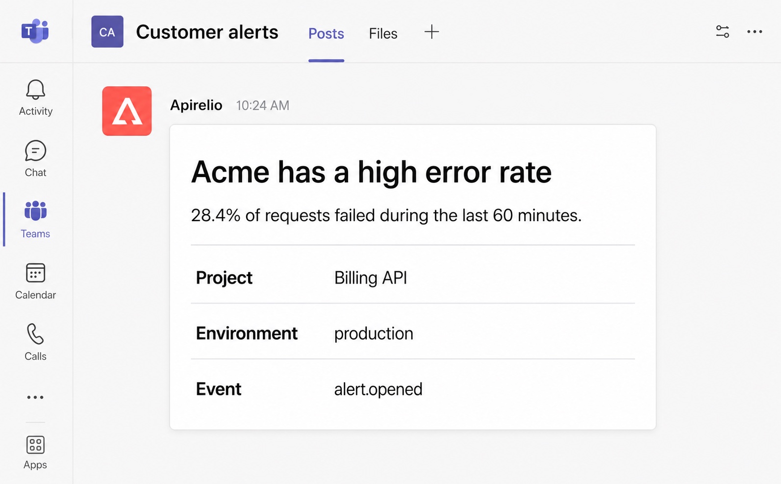 Example Apirelio high error rate alert delivered to a Microsoft Teams channel